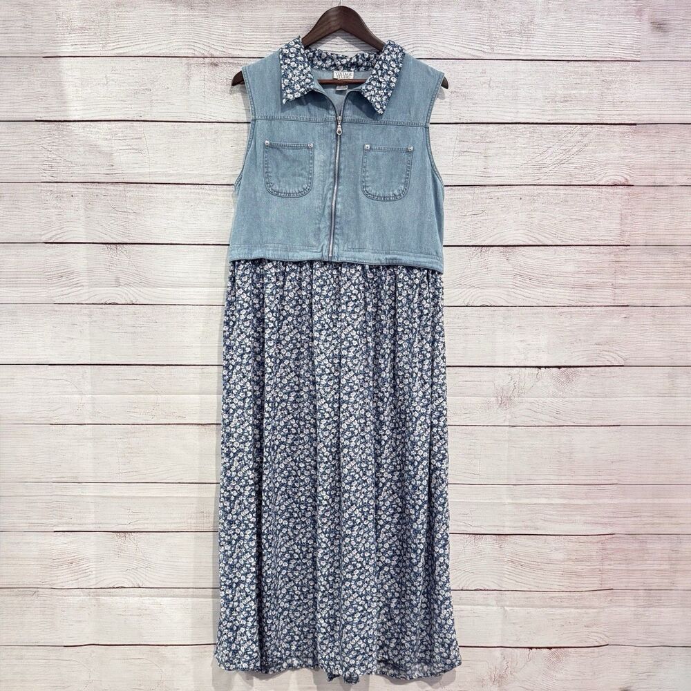 Vintage Studio Denim Vest Top Floral Maxi Dress Size 14 Western Boho Prairie Y2K